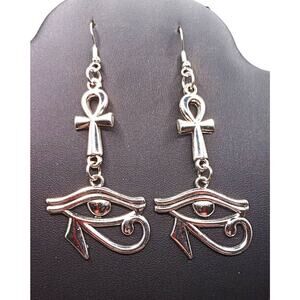 Eye of Horus Ankh Earrings Silver Stainless Steel Dangle